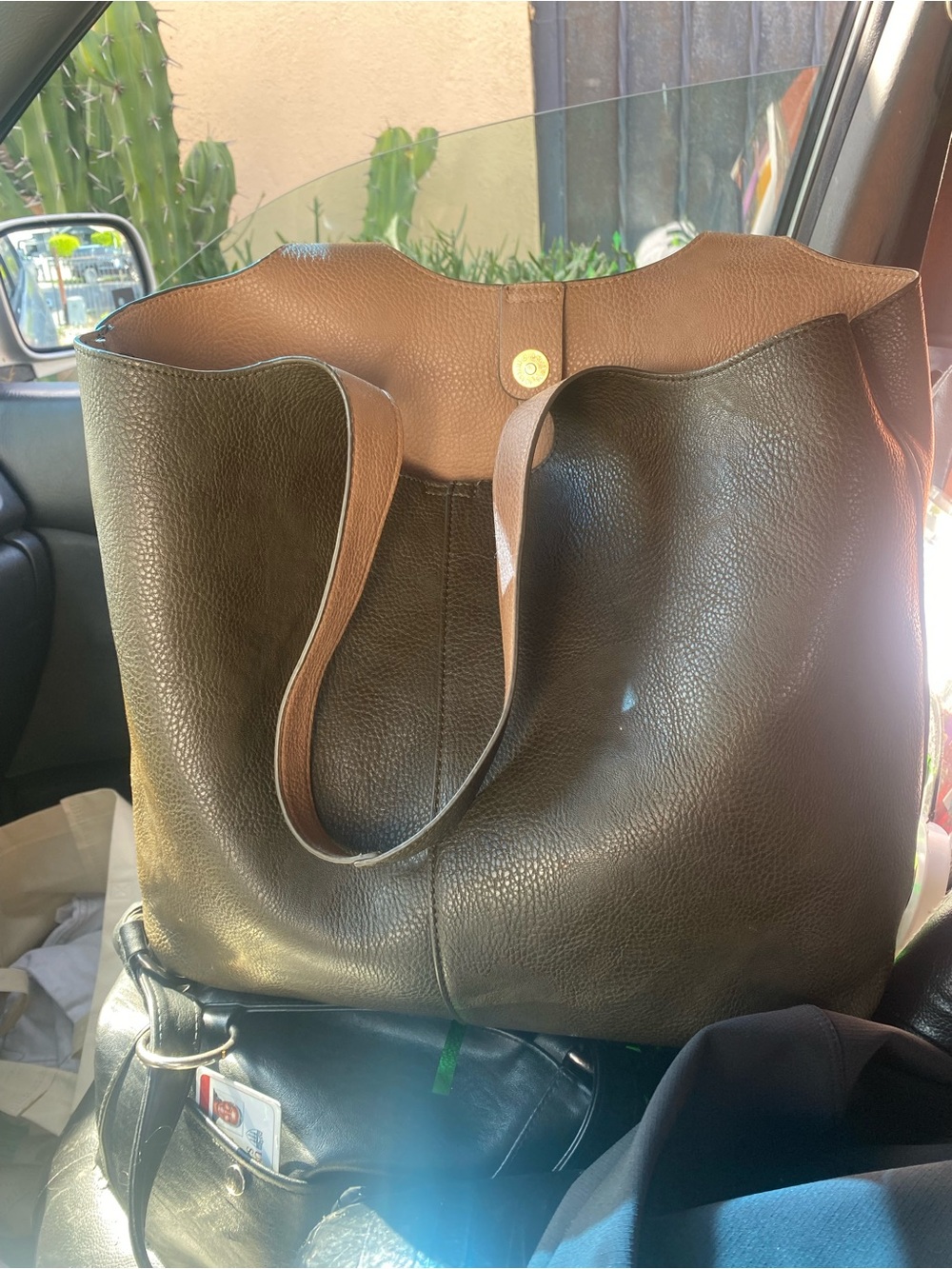 Reversible Pebbled Leather Tote Bag in Brown/Camel